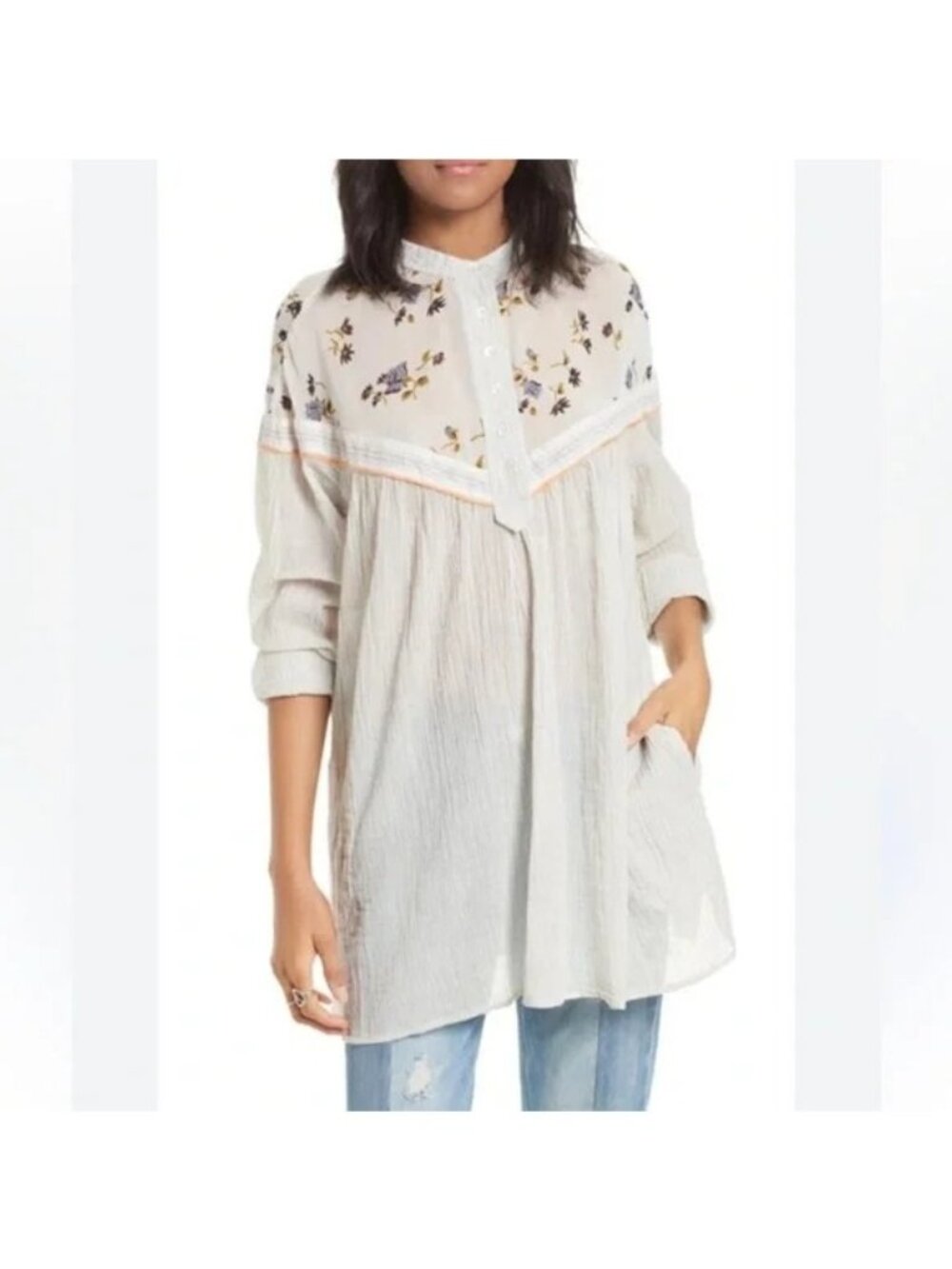 Free People Hearts and Colors Top Tunic Gray Floral Cotton size large pockets - Picture 6 of 8
